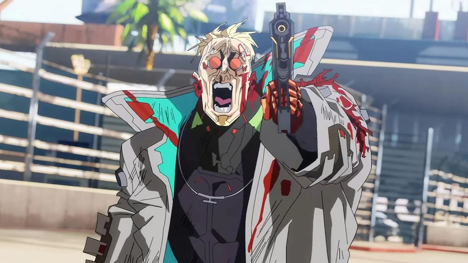 An intense, blood-soaked scene from an animated cyberpunk series captures a heavily cyberized blonde man in absolute despair and rage as he holds up a firearm.The man is depicted from the waist up, facing forward with a wide, screaming mouth, bleeding heavily from his eyes and head. He wears a futuristic, high-collared jacket in grey and bright cyan over a dark, cybernetic undersuit. His left arm is raised high, pointing a detailed, futuristic black handgun directly forward, with blood splattered thickly across his shoulder and sleeve. The background is a brightly lit, slightly blurred outdoor setting featuring industrial-looking scaffolding, fencing, and the top of a palm tree under a clear sky.