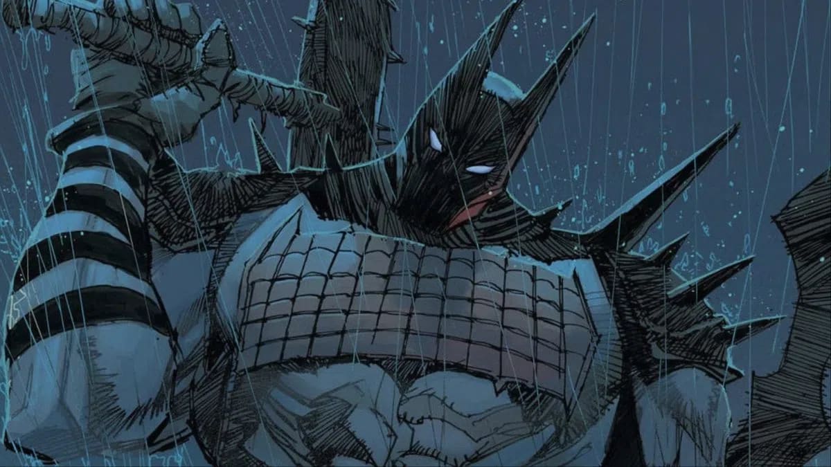 An imposing, heavily armored Batman variant holding a large spiked club in the pouring rain. An imposing, heavily muscled Batman variant stands resiliently under a heavy, streaking downpour of rain, holding a massive spiked club over his right shoulder. This version of the Dark Knight features a stark black cowl with sharply pointed ears and glowing white eyes, paired with a distinctive chest plate structured like interlocking grid tiles. His shoulders and cape are aggressively lined with large, menacing spikes, and his massive arms show black-and-white striped armor patterns, contributing to a gritty, battle-ready aesthetic against a dark, atmospheric blue-grey background.