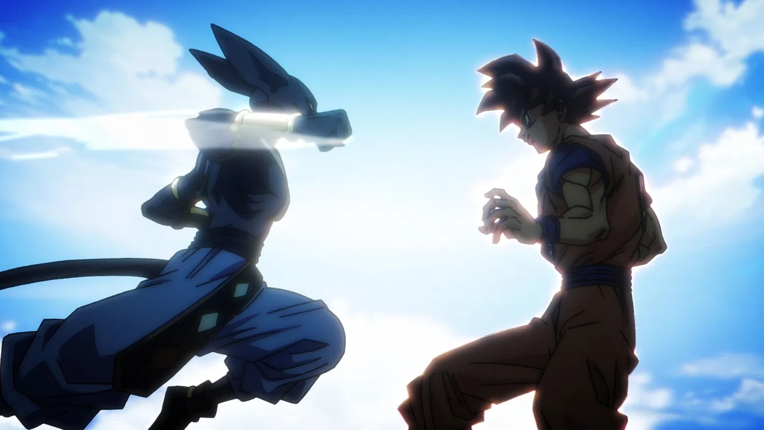 An anime-style battle scene under a bright, cloudy blue sky where Beerus, the purple anthropomorphic cat God of Destruction, lunges forward from the left in a dynamic fighting stance, throwing a powerful right punch that leaves a white motion blur trail, while Goku stands poised on the right side in his signature orange and blue training gi, slightly crouched with his hands raised mid-air as if preparing to dodge or counter the incoming attack, both characters silhouetted against the intense backlight of the bright sky behind them.