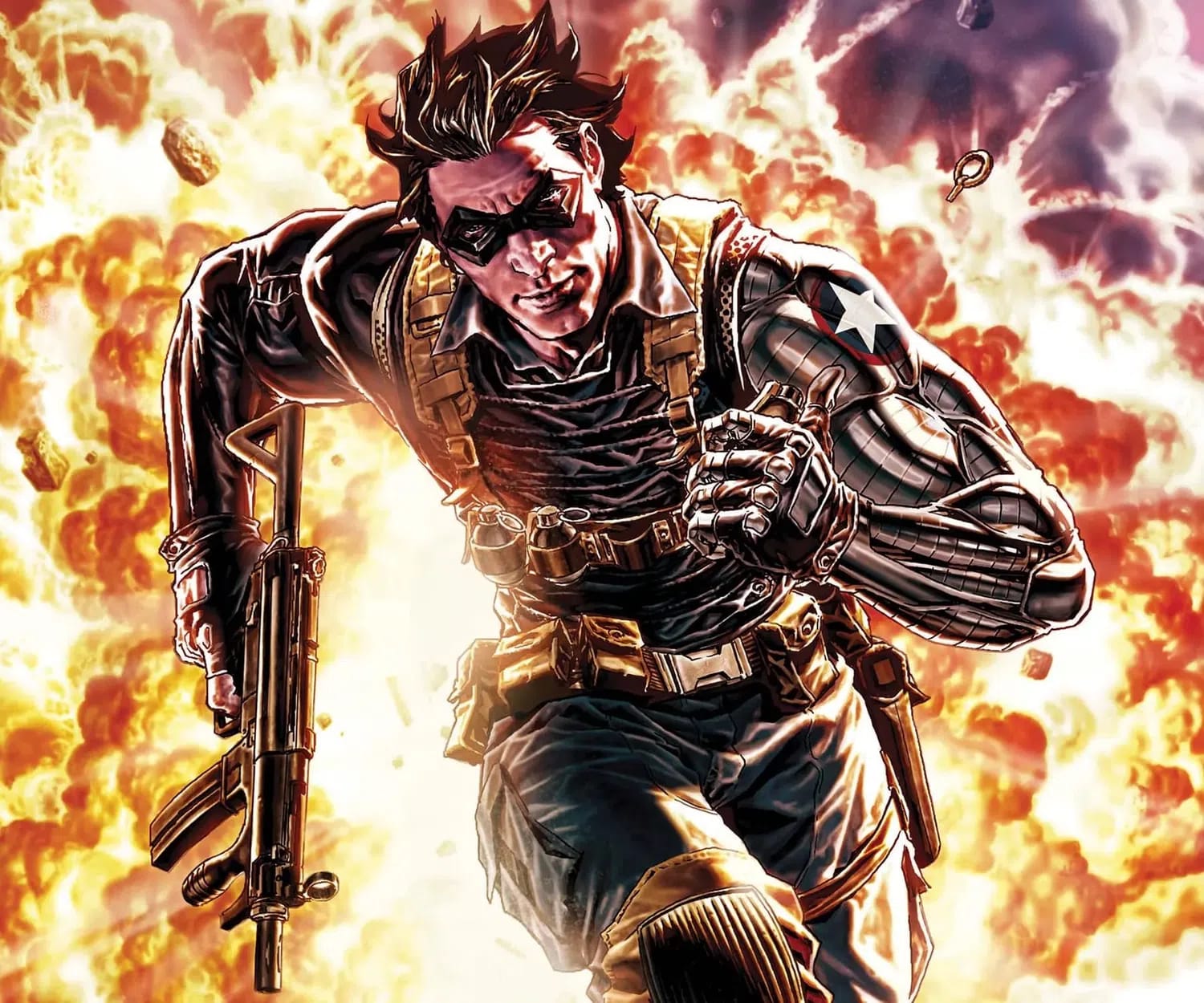 An illustration of Bucky Barnes as the Winter Soldier running forward amidst a fiery, chaotic explosion, carrying a submachine gun in his right hand. He wears a dark, tactical combat suit equipped with multiple utility pouches and gear belts, alongside his signature black domino mask. His highly detailed, metallic cybernetic left arm shines under the bright glare of the blast, featuring its distinctive red-and-white star emblem on the shoulder as he charges directly toward the viewer with a determined, intense expression.