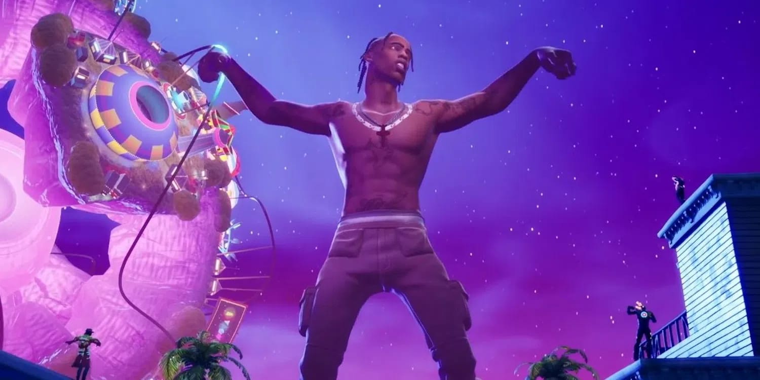 An oversized virtual avatar of hip-hop artist Travis Scott dominates a vibrant, neon-purple night sky as he performs during his groundbreaking "Astronomical" concert event within Epic Games' battle royale game, Fortnite. The shirtless character model towers over the game's colorful landscape, arms outstretched in a performance pose against a backdrop filled with floating, multi-colored amusement park structures and distant glowing stars, while smaller player characters look on from rooftops and platforms below during the highly successful April 2020 live music activation.