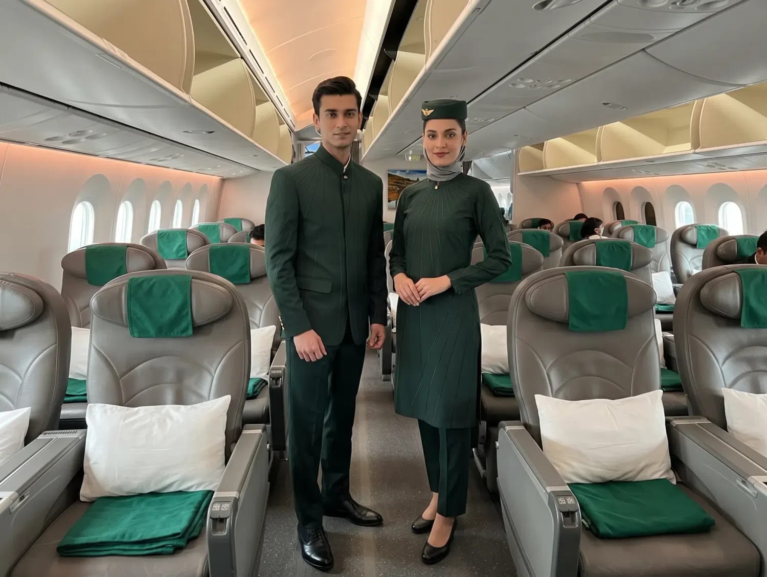 Two flight attendants posing inside an airplane cabin wearing deep green uniforms designed by HSY for PIA. An flight attendant team stands inside the cabin of a commercial aircraft, wearing deep green uniforms designed by HSY for Pakistan International Airlines (PIA). The man on the left wears a tailored mandarin-collar green jacket with matching trousers and polished black shoes, while the woman stands next to him wearing a structured green tunic with a matching cap, light-grey headscarf, straight pants, and black heels. They pose gracefully in the aisle between rows of grey business class seats fitted with green headrests, white pillows, and neatly folded green blankets, beneath a warm overhead lighting system.