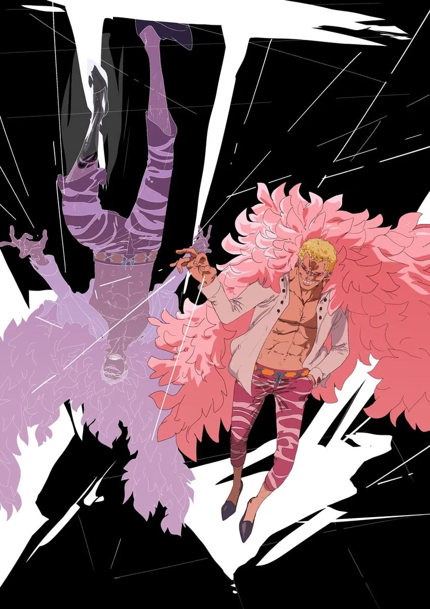 An official illustration captures Donquixote Doflamingo standing confidently under a stark high-contrast spotlight while pulling his signature invisible puppet strings. The image employs an optical illusion split, displaying a vertically mirrored, color-inverted duplicate of Doflamingo upside down to his left to emphasize his dual nature as a master manipulator and chaotic underworld broker. He is shown wearing his characteristic oversized pink feathered boa mantle draped over his broad shoulders, paired with an open white dress shirt displaying his defined abdominal muscles, red-and-white patterned trousers, and his signature thin-framed angular sunglasses masking his eyes. Thick white brush strokes slash dynamically across the top and bottom borders against a pitch-black negative background, accentuating his fingers curled into a delicate string-plucking stance.