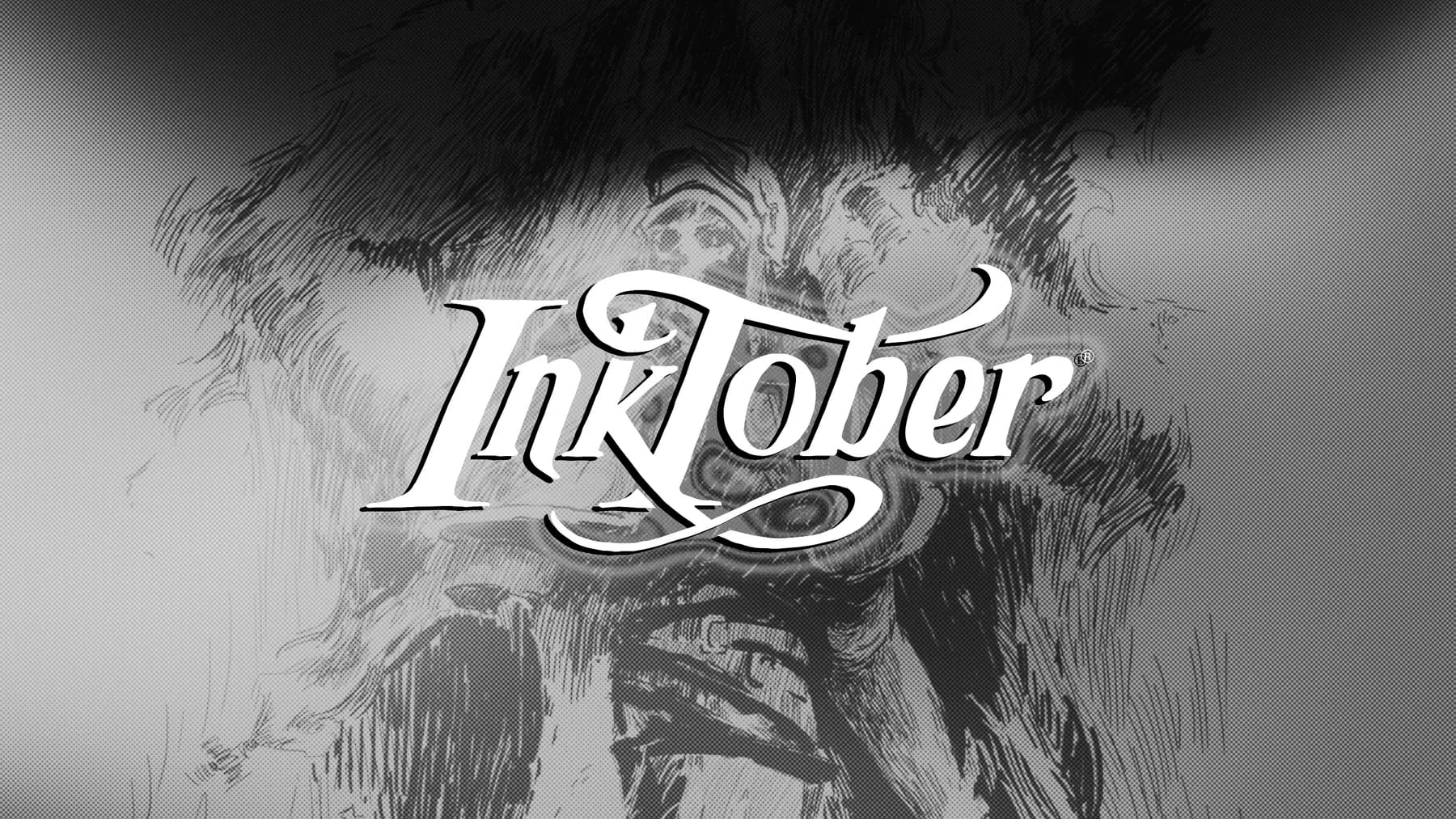 Inktober is a global month-long art challenge created by illustrator Jake Parker in 2009 that encourages artists to create and share one ink drawing every day throughout October to improve their skills and build consistent drawing habits. Participants follow an official, pre-released list of 31 daily one-word prompts, create their artwork using traditional ink or digital tools, and share their progress online using the hashtag #inktober. A stylized, monochrome graphic featuring the word "Inktober" in an elegant, white cursive font with distinct serifs and flourishes, set against a background of intricate, dark ink-drawn sketches that blend into a gradient texture moving from light grey on the left to dark grey on the right.