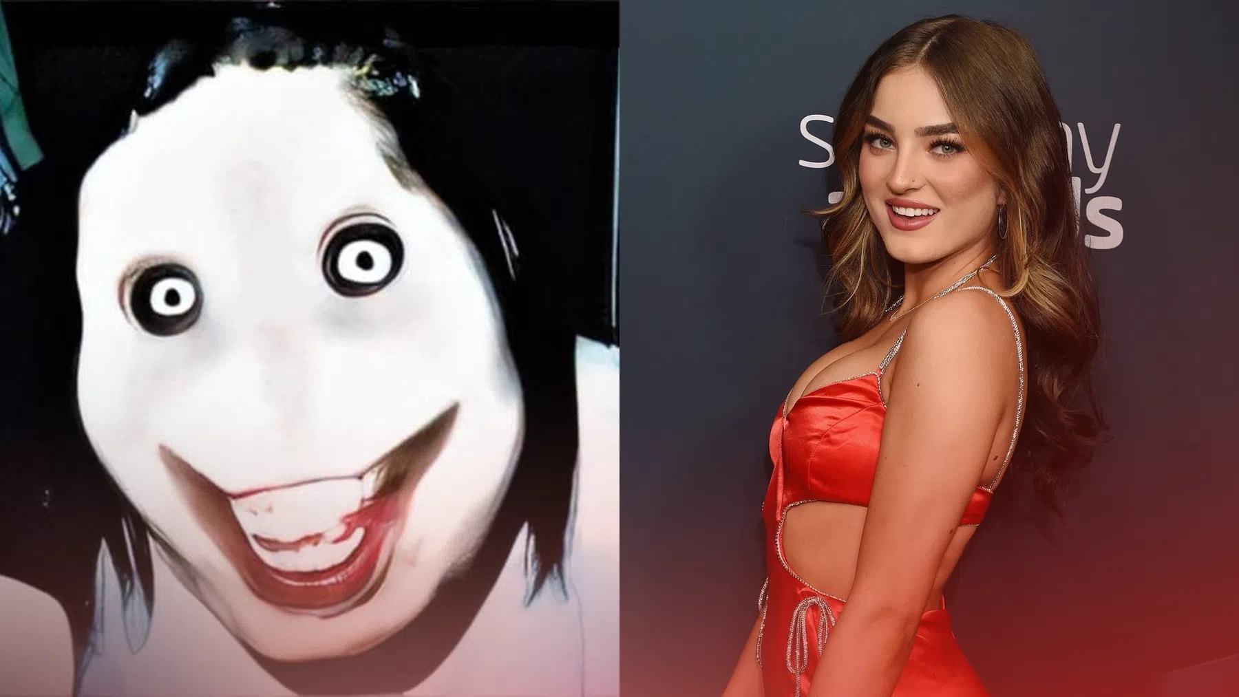 The comparison image juxtaposes the infamous online horror urban legend "Jeff the Killer" with filmmaker and content creator Savanah Moss to highlight her upcoming live-action horror movie adaptation of the internet icon. A side-by-side comparison image divided vertically down the middle. On the left side is the classic, highly distorted creepypasta image known as "Jeff the Killer," featuring an unnaturally pale, white, oval face, devoid of a nose, with wide-staring unblinking eyes surrounded by black circles, and an exaggerated, bloody, ghoulishly wide grin showing teeth. On the right side is a side-profile photograph of internet personality and director Savanah Moss, smiling at a red carpet event while wearing an elegant, sleeveless red dress with thin straps, her wavy light-brown hair cascading down her back against a dark backdrop.