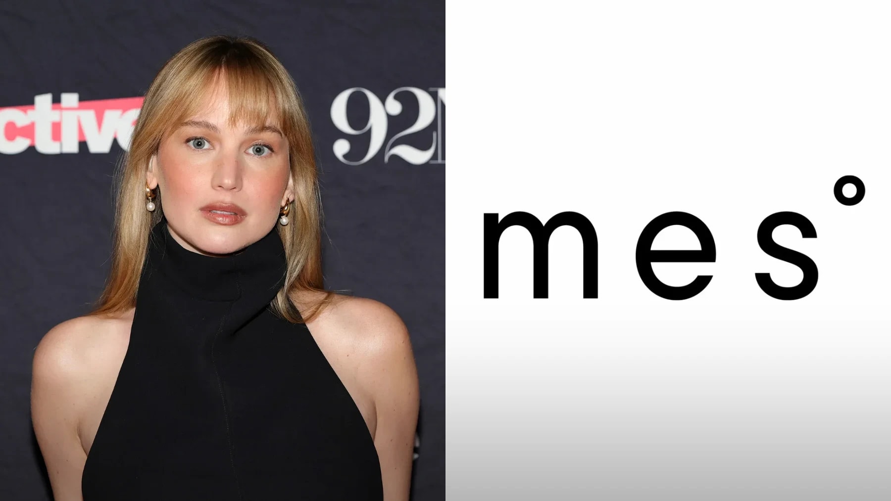 The composite image presents a split frame featuring Oscar-winning actress Jennifer Lawrence on the left and the clean, minimalist branding logo for her brand, Mes°, on the right. On the left side, the portrait captures Lawrence at a public event, styled with blonde hair cut into soft, eye-skimming bangs and dressed in an elegant, high-necked black garment. Her makeup is natural yet defined, sporting a soft peach blush and a muted lip that emphasizes her classic features. The background behind her shows partial, blurred text reading "ctiv" and "92", indicating the step-and-repeat backdrop of a media appearance. The right half of the image transitions sharply into a solid, clean off-white background hosting the wordmark for her new business endeavor, spelled in a lowercase, geometric sans-serif typeface as "mes" and punctuated by a small superscript circle or degree symbol at the upper right. The overall graphic arrangement highlights the star's transition into entrepreneurship, juxtapo