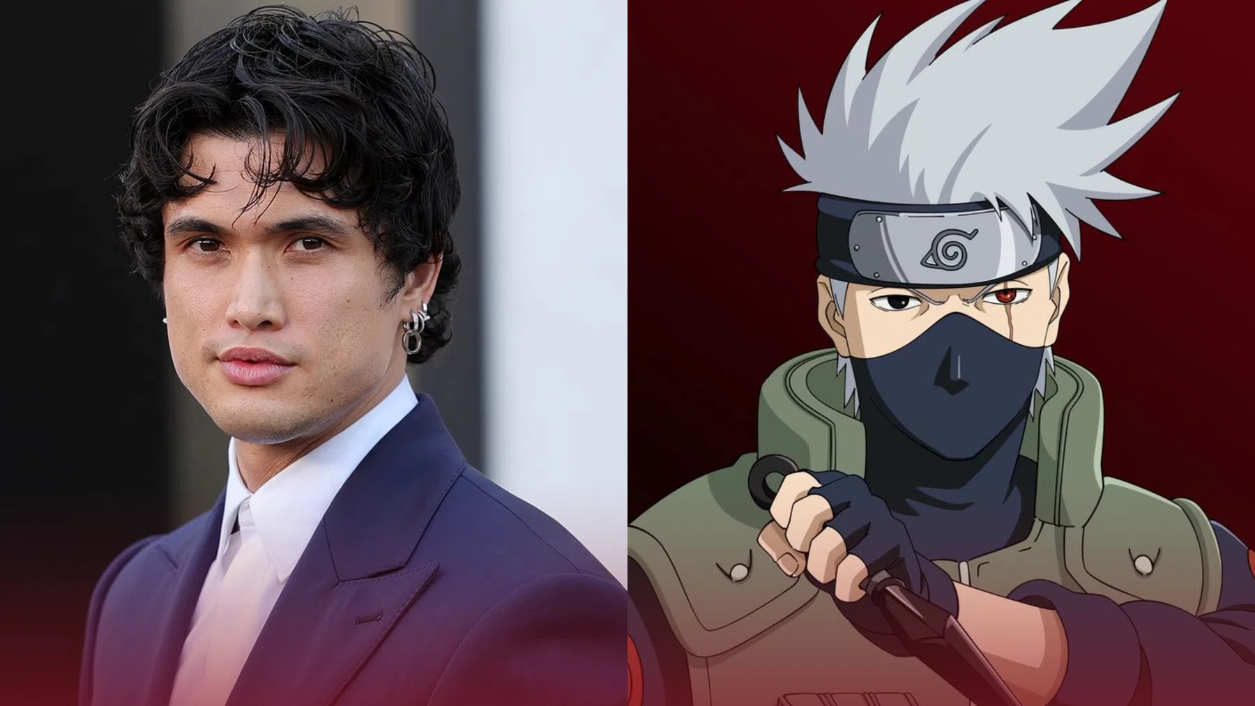 A side-by-side comparison image features American actor Charles Melton on the left and the anime character Kakashi Hatake from Naruto on the right. Charles Melton is depicted from the chest up, sporting wavy black hair, an earring, a white collared shirt, and a sharp dark blue suit jacket as he looks directly at the camera against a blurred background. Beside him, Kakashi Hatake is shown in his signature ninja attire, featuring spiky silver hair, a dark blue face mask covering his lower face, a forehead protector slanted over his left eye, and a green tactical vest while holding a kunai knife.