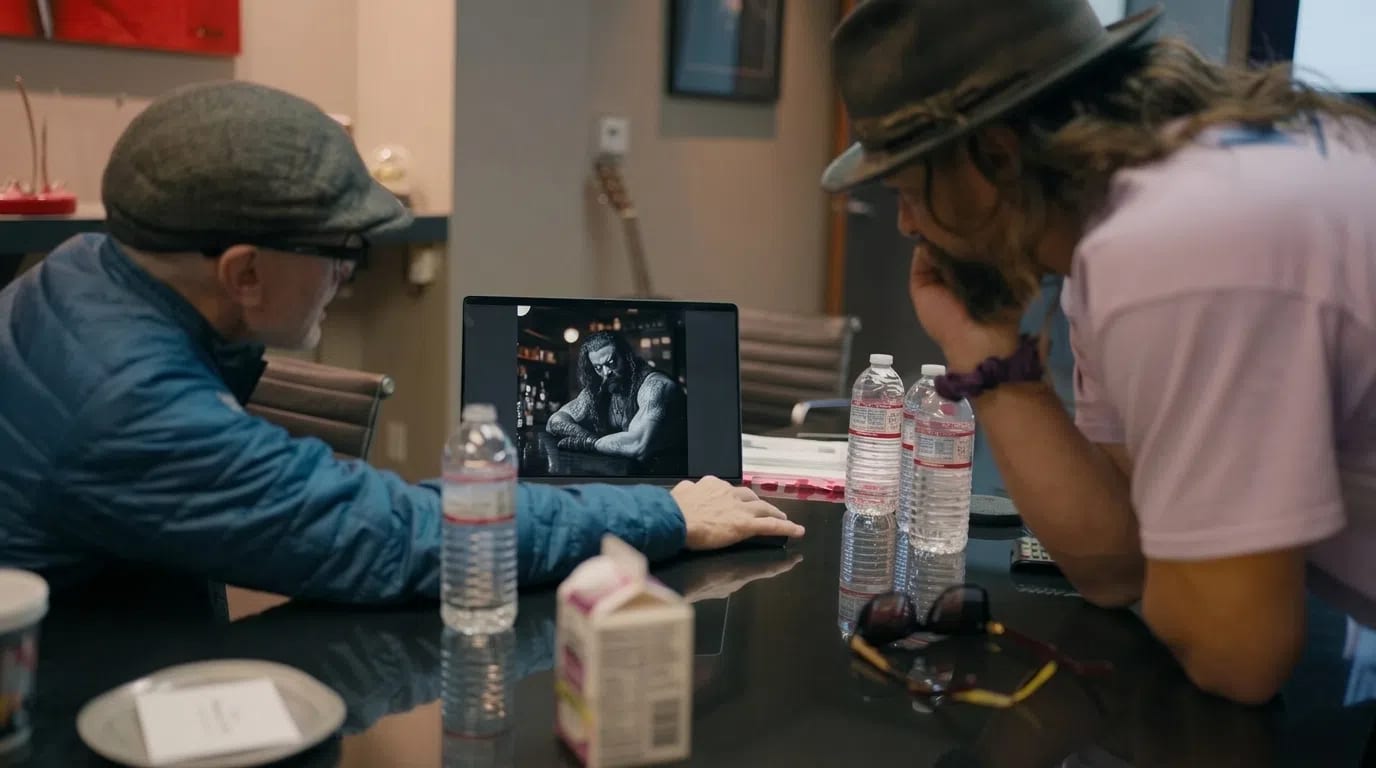 A medium shot captures director Craig Gillespie and actor Jason Momoa from a slightly low angle as they sit together at a black glossy conference table inside an office space during a pre-production meeting. From the left side of the frame, Craig Gillespie, wearing a dark blue quilted puffer jacket, black glasses, and a gray flat cap, leans forward to operate a silver laptop setup. On the laptop's open screen, a black-and-white AI-generated concept art image displays a muscular, long-haired man leaning against a bar, conceptualizing the look for the DC character Lobo. From the right side of the frame, Jason Momoa, wearing a wide-brimmed brown fedora hat and a light pink t-shirt with his signature long wavy brown hair falling over his shoulder, leans over with his hand resting near his face as he intently reviews the design on the screen. The polished dark table reflects the surrounding workspace, holding multiple clear plastic water bottles with white caps, a pair of sunglasses with tortoiseshell-rimmed lenses, a paper coaster, and a small milk carton. The background shows muted gray office walls, office chairs with metal frames, a guitar resting in the distance, and framed wall art, all softly out of focus.
