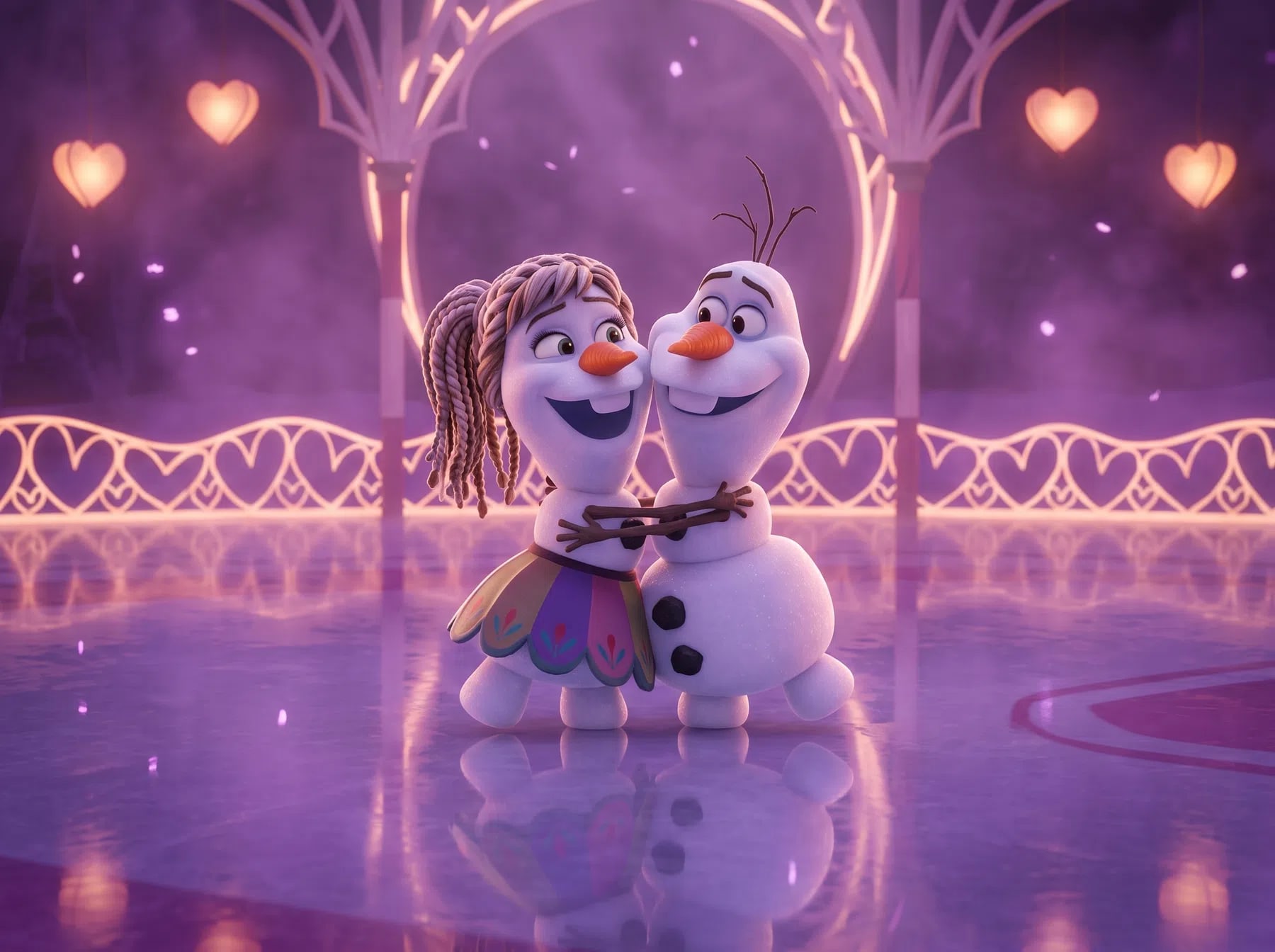 The image depicts Olaf, the cheerful snowman from Disney’s Frozen, standing on a glossy, reflective ice skating rink and sharing a warm hug with a female snowman character. The female snowman features braided hair, a colorful patterned skirt, and a carrot nose, closely mirroring Olaf's whimsical appearance. They look at each other with wide, happy smiles while locking their stick arms together. The background is a dreamy, romantic setting filled with soft purple and pink hues, decorated with glowing heart-shaped lanterns hanging from an ornate arched structure. Their figures cast a clear, mirrored reflection onto the smooth ice surface below them.