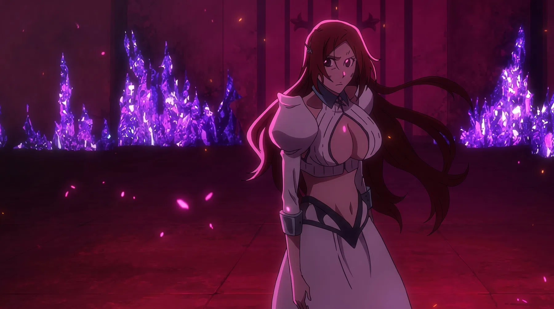 An anime screenshot features Orihime Inoue from Bleach: Thousand-Year Blood War standing in a dimly lit, dark red cavernous environment. She wears a white Arrancar-style outfit with a prominent heart-shaped chest cutout, long white sleeves, and a long skirt. Her long, dark orange hair flows behind her, and her expression is serious and determined as she looks slightly to her right. The background is filled with glowing, jagged purple crystal structures and faint floating pink petals or embers against a dark, moody atmosphere.