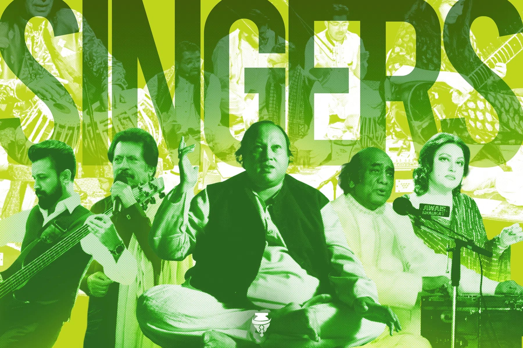An artistic, high-contrast collage rendered in vibrant shades of lime green, dark green, and white features prominent Pakistani singers and musicians arranged across a horizontal layout. In the foreground, five musical artists are shown from the waist up against a background layered with faint, stylized images of other performers and instruments beneath the large, bold, cutout text "SINGERS" spanning the top. From left to right, a bearded musician wearing a dark vest passionately plays an acoustic guitar, followed by a man with a mustache singing into a microphone. At the center, the iconic Qawwali maestro Nusrat Fateh Ali Khan sits cross-legged in a traditional pose, one hand raised expressively while singing in a white kurta and dark vest. To his right, an older gentleman in a white outfit sits behind a microphone, gesturing with his hands, while on the far right, the legendary female vocalist Madam Noor Jehan stands elegantly behind a vintage microphone adorned. 

Edited by Awais Shaukat for PakistaniArt.

Famous Pakistani singers are vocal artists from Pakistan who have achieved widespread domestic and international recognition by mastering a diverse spectrum of musical traditions, ranging from ancient devotional genres to modern global pop. This distinct musical community includes legendary masters of classical Ghazal and Sufi Qawwali, who use rigorous vocal training and spiritual poetry to captivate audiences worldwide, alongside visionary pop and rock pioneers who revolutionized the South Asian music industry by blending traditional Eastern melodies with Western electronic beats. Additionally, the definition encompasses versatile playback singers whose tracks drive the commercial success of cinema and television dramas, as well as a rising generation of contemporary indie artists who fuse classical roots with modern hip-hop and electronic subgenres to achieve viral global streaming success. Collectively, these artists are defined by their profound cultural impact, technical vocal prowess, and an enduring ability to bridge Eastern heritage with contemporary global trends.