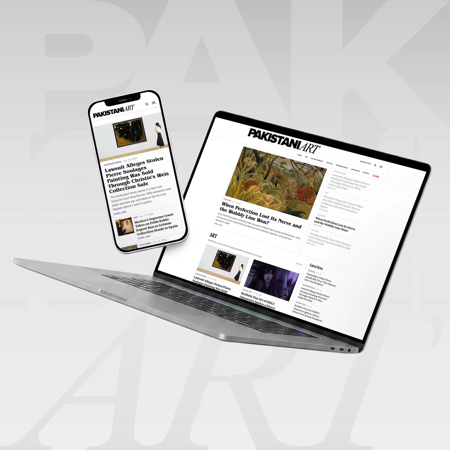 An elevated, high-resolution product mockup showcases the "PakistaniArt" (pakistaniart.pk) editorial website across two devices, set against a solid, light gray studio backdrop with a large, semi-transparent watermark spelling "PAK" in block lettering. In the foreground, a slim silver MacBook Pro sits completely open, angled diagonally toward the right, with its black chiclet keyboard and large trackpad visible. The laptop’s crisp display renders the desktop version of the website, which features a bold, black serif brand logo at the top center. Below the header, a wide hero section displays a detailed painting of a dense, green tropical jungle, accompanied by the main headline, "When Perfection Lost Its Nerve and the Wobbly Line Won?". The desktop layout is divided into clean columns, presenting secondary news articles, a "Latest News" sidebar, and categorized sections like "ART" and "FEATURES" with small image thumbnails. Floating seamlessly to the left of the laptop screen is a smartphone with a white bezel, displaying the mobile-responsive version of the platform. The mobile screen prioritizes a leading, text-heavy news story with a large headline that reads, "Lawsuit Alleges Stolen Pierre Soulages Painting Was Sold Through Christie's Weis Collection Sale," dated July 18, 2026. Both screens exhibit high-end typography, ample white space, and a professional digital publication design tailored for art journalism.