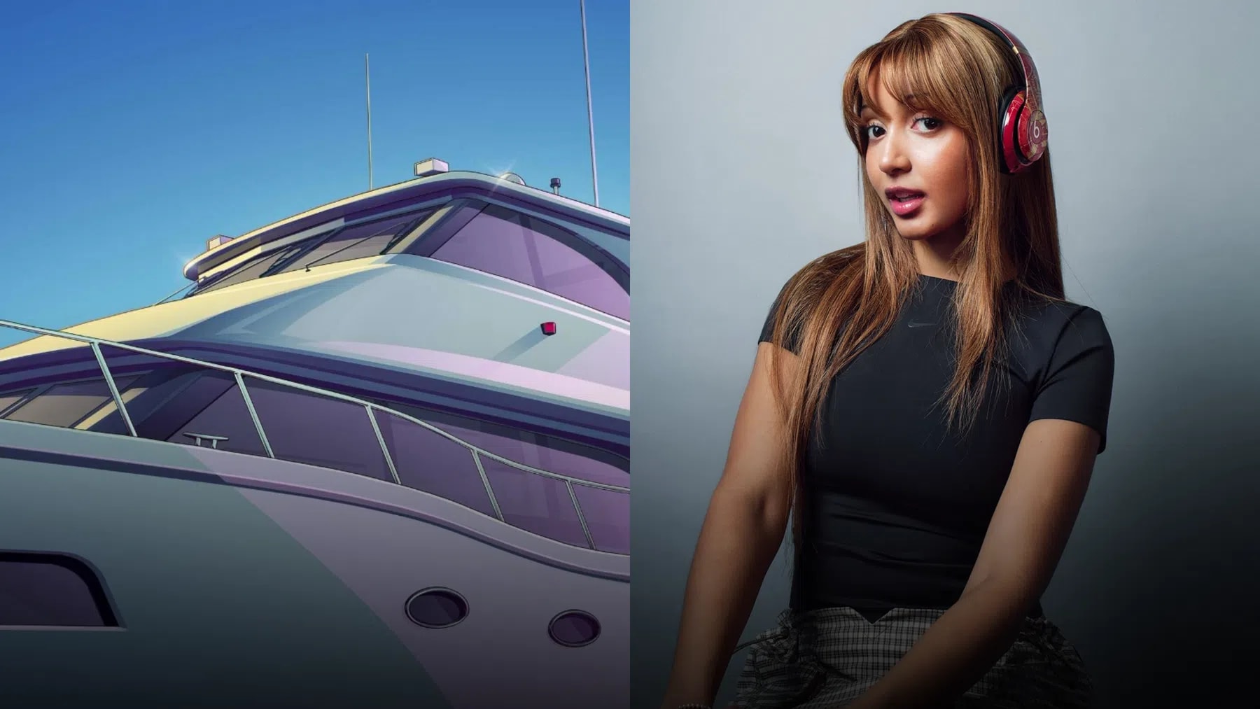 A split image showcasing a Grand Theft Auto-style animated yacht alongside a studio portrait of PinkPantheress wearing red headphones. This split-screen image displays a stylized, animated illustration on the left and a professional photographic portrait on the right. On the left side, the low-angle perspective highlights the sleek white and purple exterior of a luxury motor yacht under a vibrant blue sky, reminiscent of the distinct art style found in the Grand Theft Auto video game series. The right side features a portrait of the British singer-songwriter PinkPantheress, who is posed looking toward the camera with a subtle expression while wearing large red Beats over-ear headphones, a simple black short-sleeved t-shirt, and a patterned garment visible at her waist against a muted gray studio backdrop.