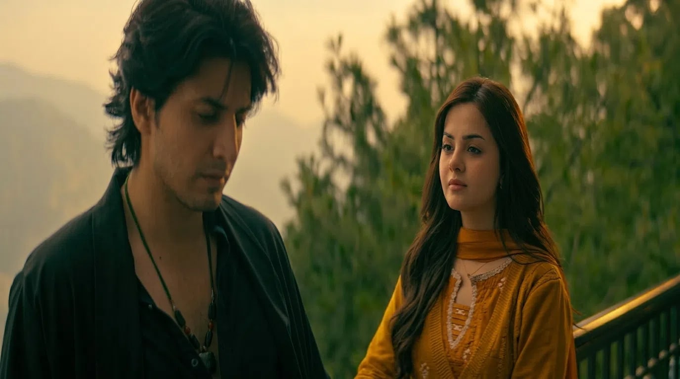 A medium shot captures Danyal Zafar and Komal Meer in an intimate, emotionally charged scene from the television drama Raqaas on Green TV Entertainment. On the left, Danyal Zafar looks downward with a somber expression, wearing a loose black button-up shirt and a dark beaded pendant necklace. His long, messy black hair slightly frames his face. To the right, Komal Meer stands facing him, dressed in a traditional mustard-yellow mustard shalwar kameez with white embroidery details along the neckline and a matching dupatta draped over her shoulders. She has a serene, thoughtful expression, looking directly toward him against a hazy backdrop of green trees and hills illuminated by soft, warm evening light.