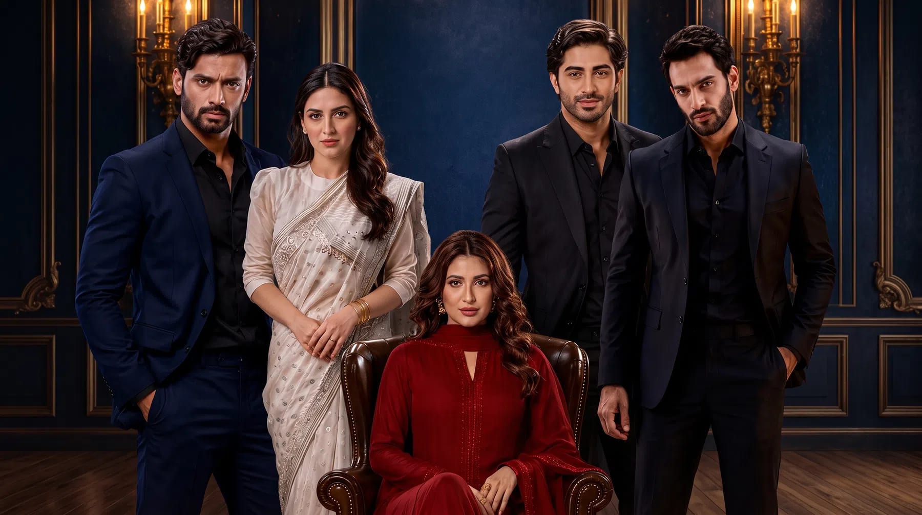 An official promotional poster for the upcoming Pakistani drama serial titled "RUTBA" features an ensemble cast posed against a dark, textured blue background accented by classical wall panels and two glowing multi-tiered wall sconces. In the center, actress Mehwish Hayat sits gracefully in a brown leather tufted armchair, wearing an elegant, deep red embroidered long kurti with a matching dupatta. Standing closely to her left is Hiba Bukhari, dressed in an intricate off-white embellished saree, looking directly toward the camera with her hands clasped. Three male actors stand surrounding them in formal attire: Zahid Ahmed stands on the far left wearing a dark navy blazer over a black shirt; Talha Chahour stands directly behind the central chair in a sleek black suit; and Saif Ali Khan stands on the far right in a sharp, all-black tailored suit. The bold, golden metallic title text "RUTBA" dominates the lower third of the image, underscored by the tagline "COMING SOON ONLY ON MaggyWaggy" alongside stylized social media logos for YouTube, Instagram, Facebook, and TikTok. Sparks of golden light drift upward from the bottom corners, adding a dramatic, cinematic atmosphere to the composition.