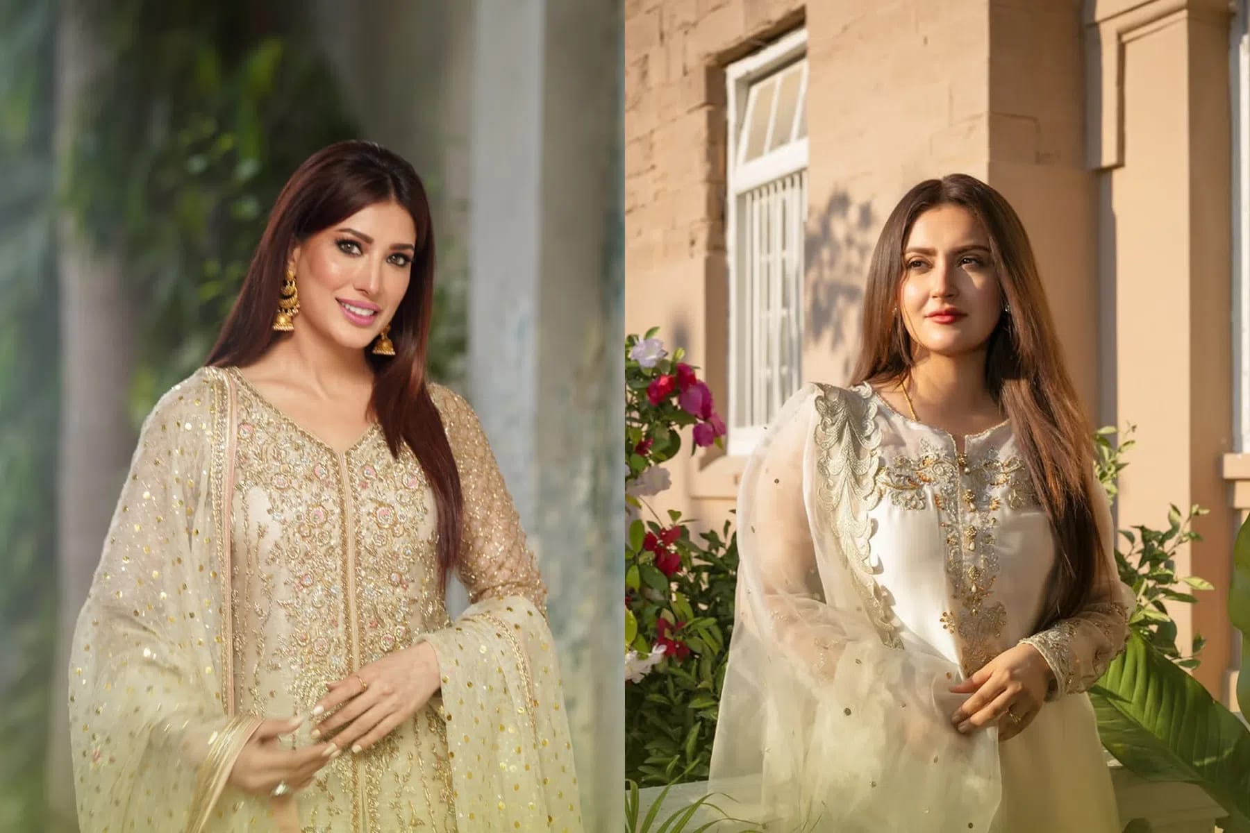 A side-by-side split image featuring two prominent Pakistani actresses; on the left, Mehwish Hayat poses gracefully in an intricately embroidered cream and gold formal outfit paired with a shimmering, sequined dupatta and large traditional jhumka earrings, while on the right, Hiba Bukhari looks off-camera in a soft off-white or ivory ensemble featuring silver-grey scalloped lace detailing along the neckline and a sheer matching organza dupatta, both captured in warm, natural afternoon lighting with soft outdoor backgrounds. Mehwish Hayat and Hiba Bukhari stand side-by-side in elegant, traditional Pakistani attire, showcasing intricate embroidery, delicate textures, and warm, sunlit color palettes that embody contemporary festive fashion.
