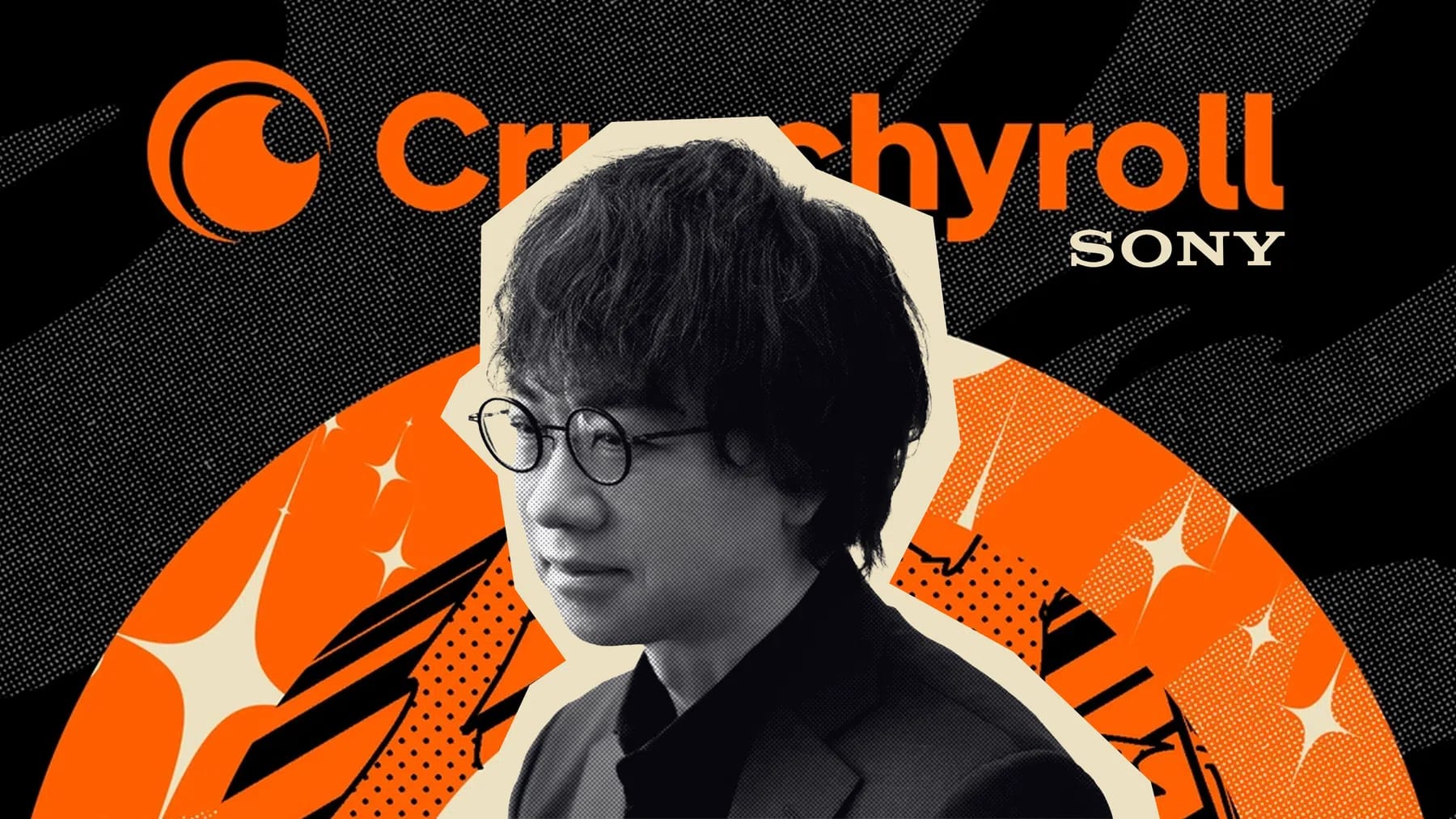 An artistic graphic featuring a stylized, grayscale portrait of Japanese anime director Makoto Shinkai against a vibrant orange and black background. Shinkai is positioned in the lower-center of the frame, facing slightly left, wearing round spectacles, a dark button-down shirt, and a blazer jacket. His portrait is cutout with a thick cream-colored border, layering it over a large orange circular graphic that dominates the bottom half of the image. This circular background is embellished with white, shimmering starburst sparkles and black, abstract architectural outlines reminiscent of cityscapes. Behind this entire composition, the upper section features the large, bold orange typography of the "Crunchyroll" logo, with a smaller, white "SONY" logo printed directly beneath the letters "roll." The topmost layer of the background contains a dark, textured pattern resembling stylized camouflage or abstract paint brushstrokes in shades of black and charcoal grey, completing the energetic and modern promotional design layout.