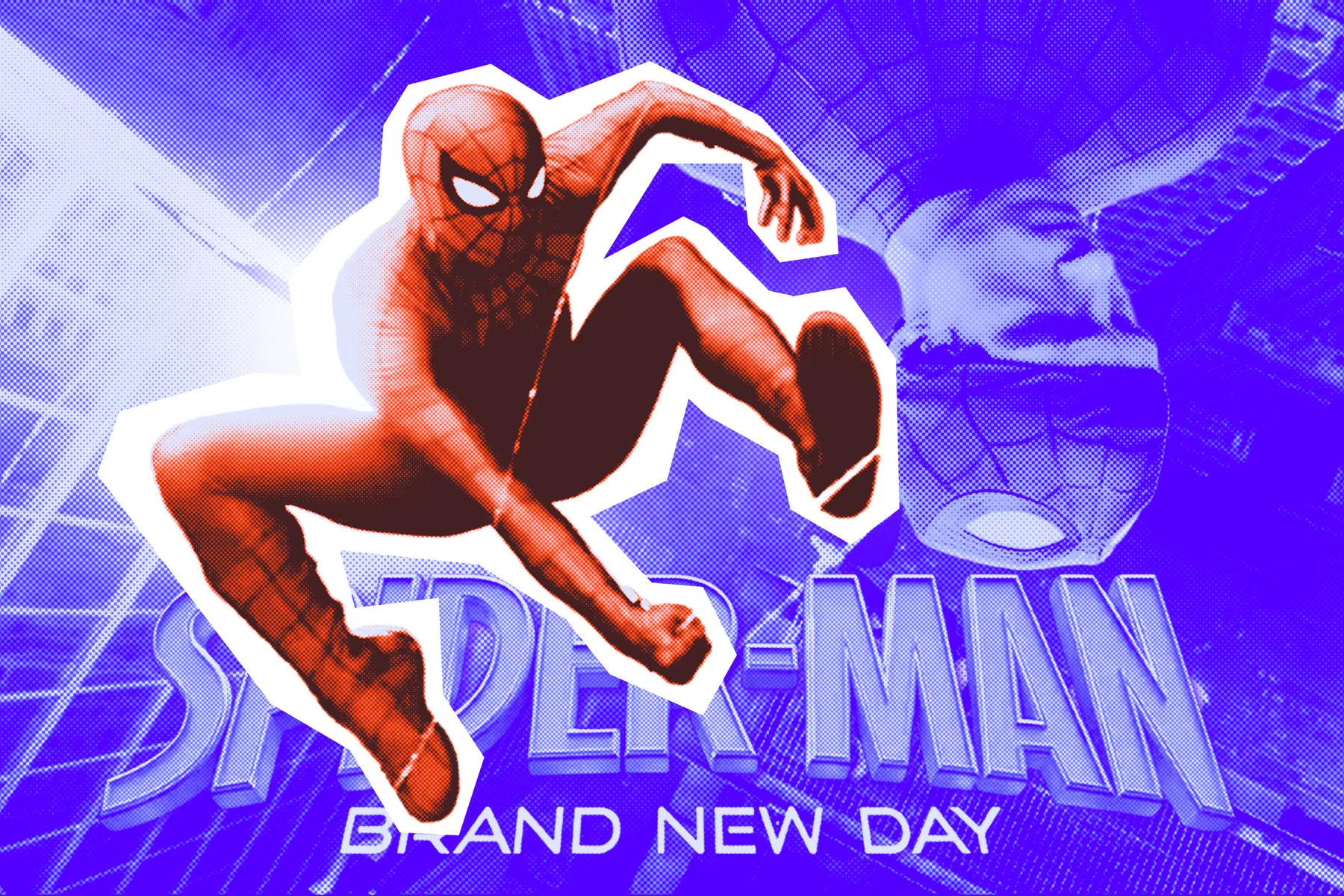An stylized, graphic comic book illustration showcases Spider-Man mid-leap against a vibrant, purple-hued background with a half-tone pattern. In the center, Spider-Man is depicted in a dynamic, crouching aerial pose, cut out with a thick white border that separates his red-and-blue suit from the background. His suit features the classic webbed pattern and prominent white eye lenses. In the lower half of the image, the large, stylized 3D text "SPIDER-MAN" is rendered in a metallic blue, with the subtitle "BRAND NEW DAY" printed below it in a clean, white, sans-serif font. The background contains faint, layered imagery of cityscapes and a masked figure, all rendered in monochromatic shades of purple and blue with a distinct retro comic printing dot texture. Collage illustration by Awais Shaukat for PakistaniArt.