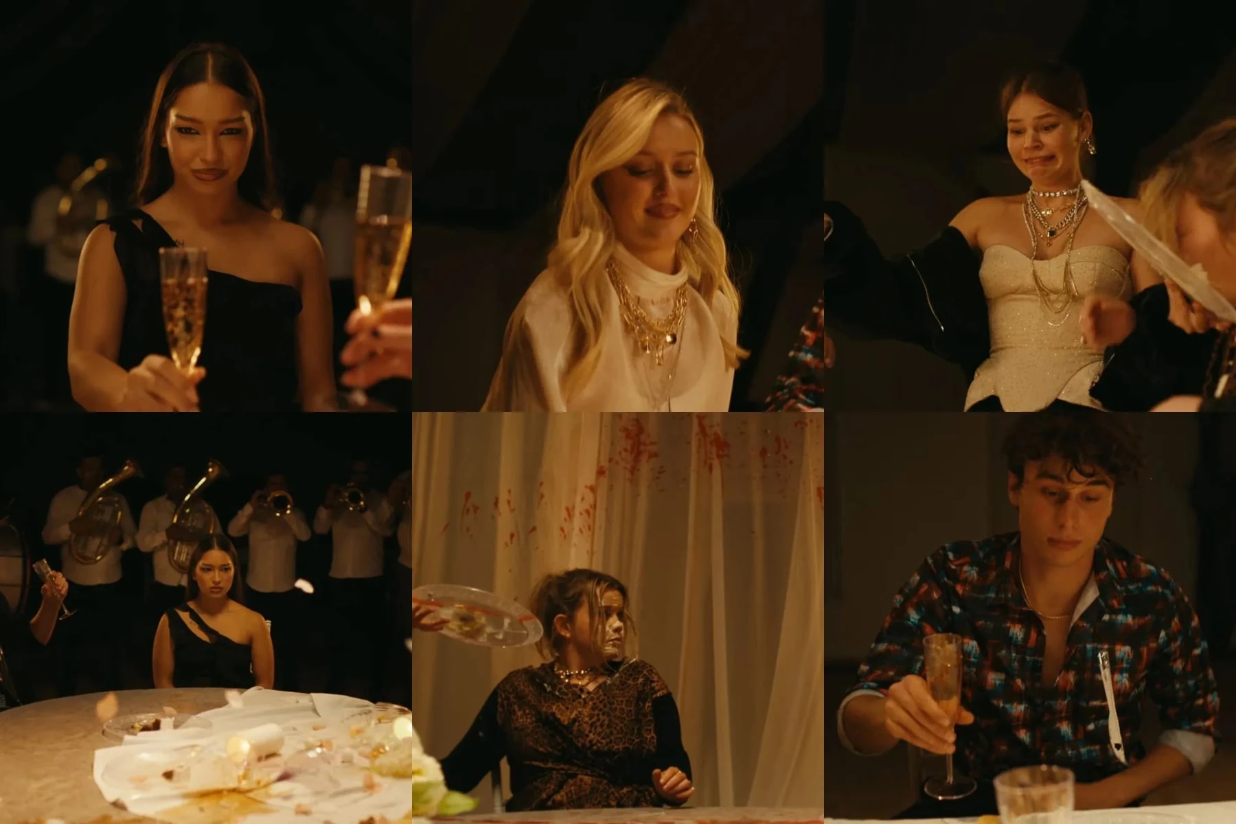 A six-panel collage captured from the official teaser trailer of the Croatian teen drama series Sram Season 4 displays a sequence of dramatic and chaotic moments from what appears to be a celebratory party. The top row features a woman in an asymmetrical black dress raising a glass of champagne, a blonde woman in a draped white top smiling warmly while wearing thick gold chains, and a woman in a strapless cream corset top accessorized with heavy necklaces reacting to an off-screen commotion. In the bottom row, the woman in the black dress appears in a wider composition with a brass band playing behind her, a young woman covered in cake and blood-like splatters sits shocked against a stained white curtain background as a hand holds a plate nearby, and a young man in a patterned button-down shirt gazes downward thoughtfully while holding a glass.