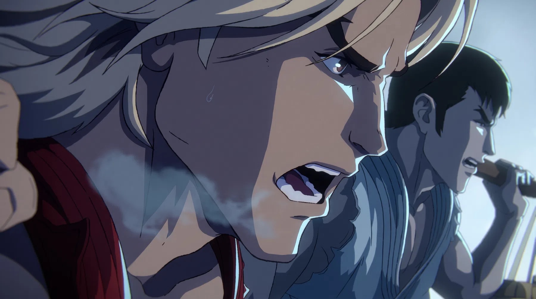 A high-intensity, close-up shot from an animated sequence showcases two male warriors side-by-side during an aggressive charge, dynamic lighting illuminating their faces against a cool, muted background. In the immediate foreground, a fair-skinned, muscular fighter with long, flowing blonde hair is captured mid-shout with his mouth wide open, displaying gritted teeth and dynamic breath vapor curling from his lips as sweat beads on his temple. Right beside him, slightly further back in the mid-ground, a second determined fighter with short, dark hair moves in unison, open-mouthed in a battle cry while gripping a weapon over his shoulder. The artwork utilizes sharp cel-shading, rich contrast, and cinematic cool tones that underscore the physical exertion and high-stakes tension of the battle.