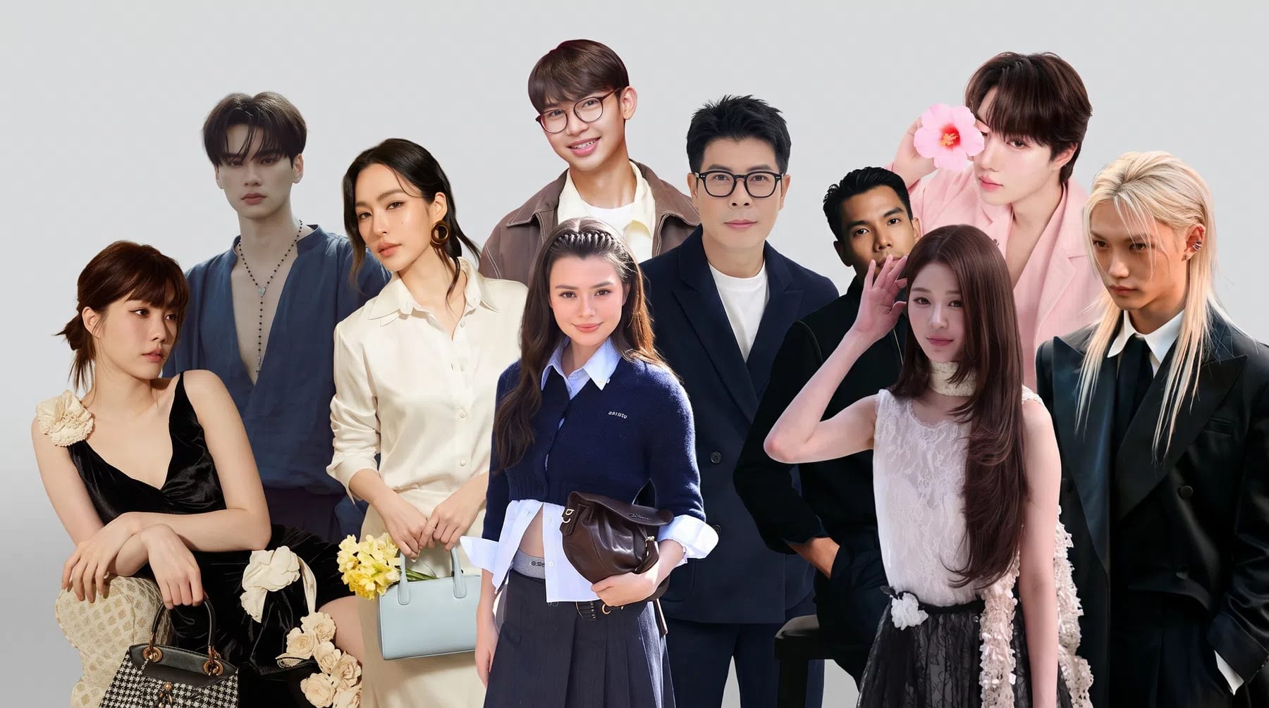 A wide-angle, studio-lit composite photograph captures a stylish group of ten young Asian celebrities posed closely together against a clean, minimalist light gray background. On the far left, a woman in a low-cut black velvet dress sits looking sideways while holding a houndstooth patterned handbag. Behind her stands a young man with dark, parted hair wearing a loose blue shirt and a beaded necklace. To their right, a woman in an elegant white button-up shirt and long skirt stands holding a small light-blue handbag and a bouquet of yellow flowers. In the upper-center, a young man with glasses and a brown jacket smiles warmly alongside a man in a navy blue blazer and thick-rimmed glasses. In front of them stands a young woman sporting a braided hairstyle, a navy blue cardigan over a light-blue button-down shirt, a pleated gray skirt, and holding a small dark brown pouch. To the right, a man in a black long-sleeve shirt looks toward a woman with long, layered brown hair who is dressed in a white sleeveless top with a lace overlays. Behind her, a young man in a pastel pink blazer holds up a soft pink flower, while on the far right, a striking individual with long blonde hair and an all-black suit completes the modern, fashionable ensemble.