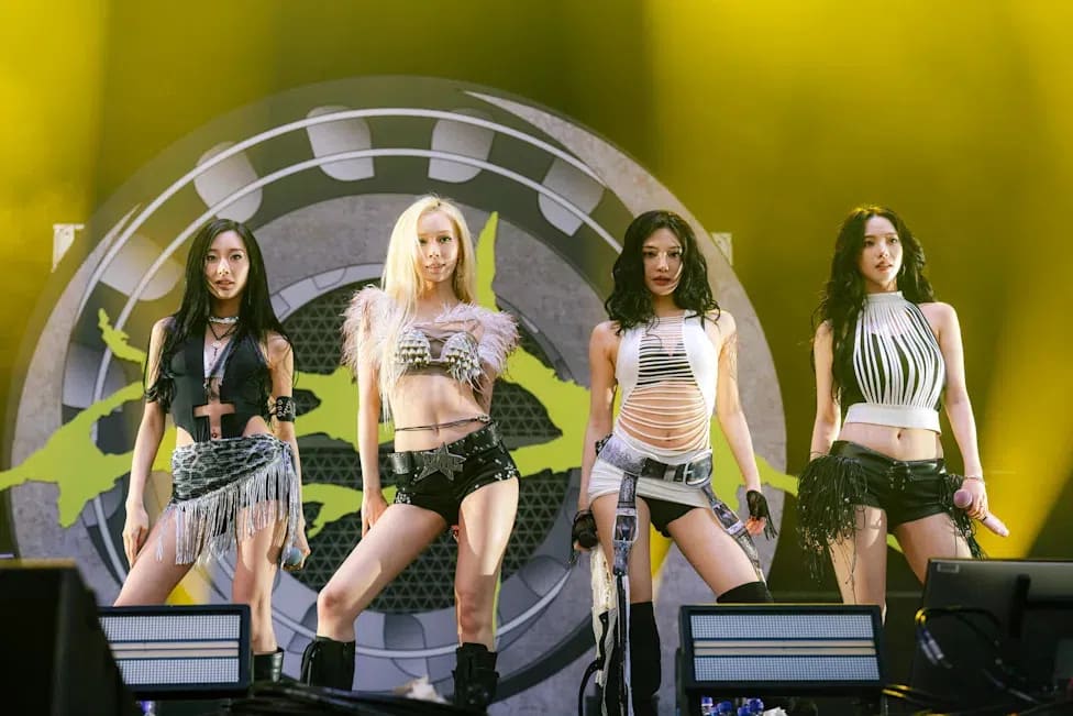 The South Korean K-pop girl group aespa stands shoulder-to-shoulder on the Allianz Stage during their high-energy debut performance at the Lollapalooza Chicago music festival. From left to right, members Giselle, Winter, Ningning, and Karina showcase coordinated, edgy "rocker chic" stagewear. Giselle wears a plunging black sleeveless top paired with a textured leopard-print mini skirt featuring long silver metallic fringe, along with an arm band accessory. Winter sports light-colored blonde hair, a feathered lavender capelet accent, a metallic sequined bikini top, and black shorts embellished with a large star-shaped belt buckle. Ningning stands in a white, horizontally shredded halter top with midriff cutouts over a dark underlayer, layered with a low-slung, multi-buckled gray industrial belt and a distressed denim accent piece. Karina wears a vertically striped black-and-white high-neck halter top paired with dark, low-rise distressed denim shorts that feature a black shredded fringe overlay. They pose confidently against a yellow-lit festival background adorned with a giant mechanical gear wheel graphic.