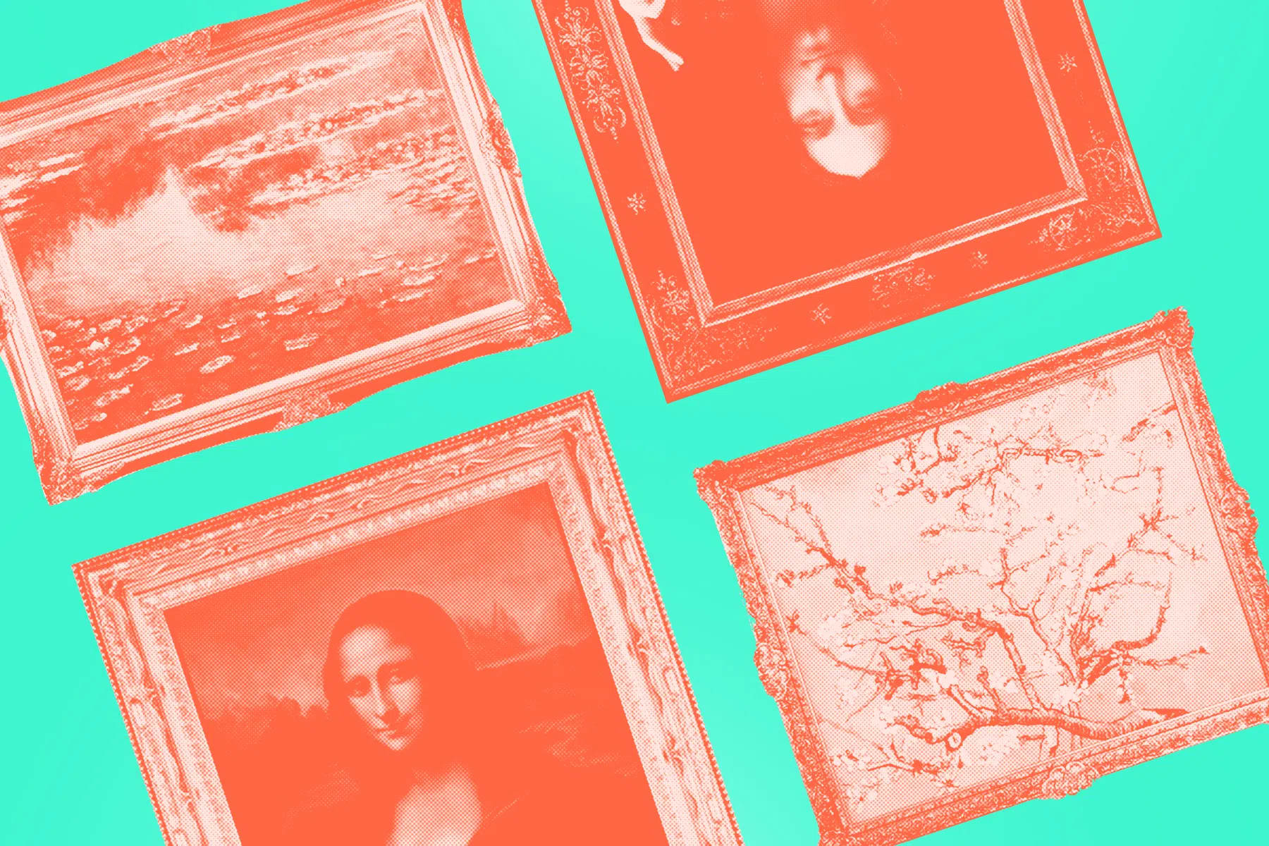 An ornate and visually striking duotone graphic is presented in a bold palette of bright orange and vibrant teal, arranged with a dynamic composition that features four classical artworks tilted at various angles across a flat teal background. The entire image is layered with a distinct halftone dot pattern, simulating a vintage screen-printed or comic-book matrix texture that unifies the classical subjects with a modern, pop-art aesthetic. In the upper-left quadrant, a horizontally oriented, rectangular ornate frame encloses a rendition of Claude Monet’s Water Lilies, capturing the dappled light and impressionistic textures of a pond surface. Positioned in the lower-left area is an iconic portrait of Leonardo da Vinci’s Mona Lisa, framed in a heavily detailed border, her famous enigmatic smile and serene posture clearly identifiable despite the stylized monochromatic rendering. Moving to the lower right, a large rectangular frame showcases Vincent van Gogh’s Almond Blossoms, where the intricate, twisting branches and delicate floral buds extend across the space in a Japanese-woodblock-inspired composition. In the upper-right section, oriented completely upside down, is a framed portrait showcasing a closely cropped human face with prominent features, reminiscent of a surrealist figure or a classical portrait inverted for a disorienting, contemporary twist. Each of these four paintings—along with their highly decorative, Baroque-style frames containing scrolls, filigree, and corner moldings—is rendered in a single, saturated shade of orange, creating an intense, complementary color contrast against the smooth, solid teal field that fills the negative space. Image copyright to "Awais Shaukat for PakistaniArt".
