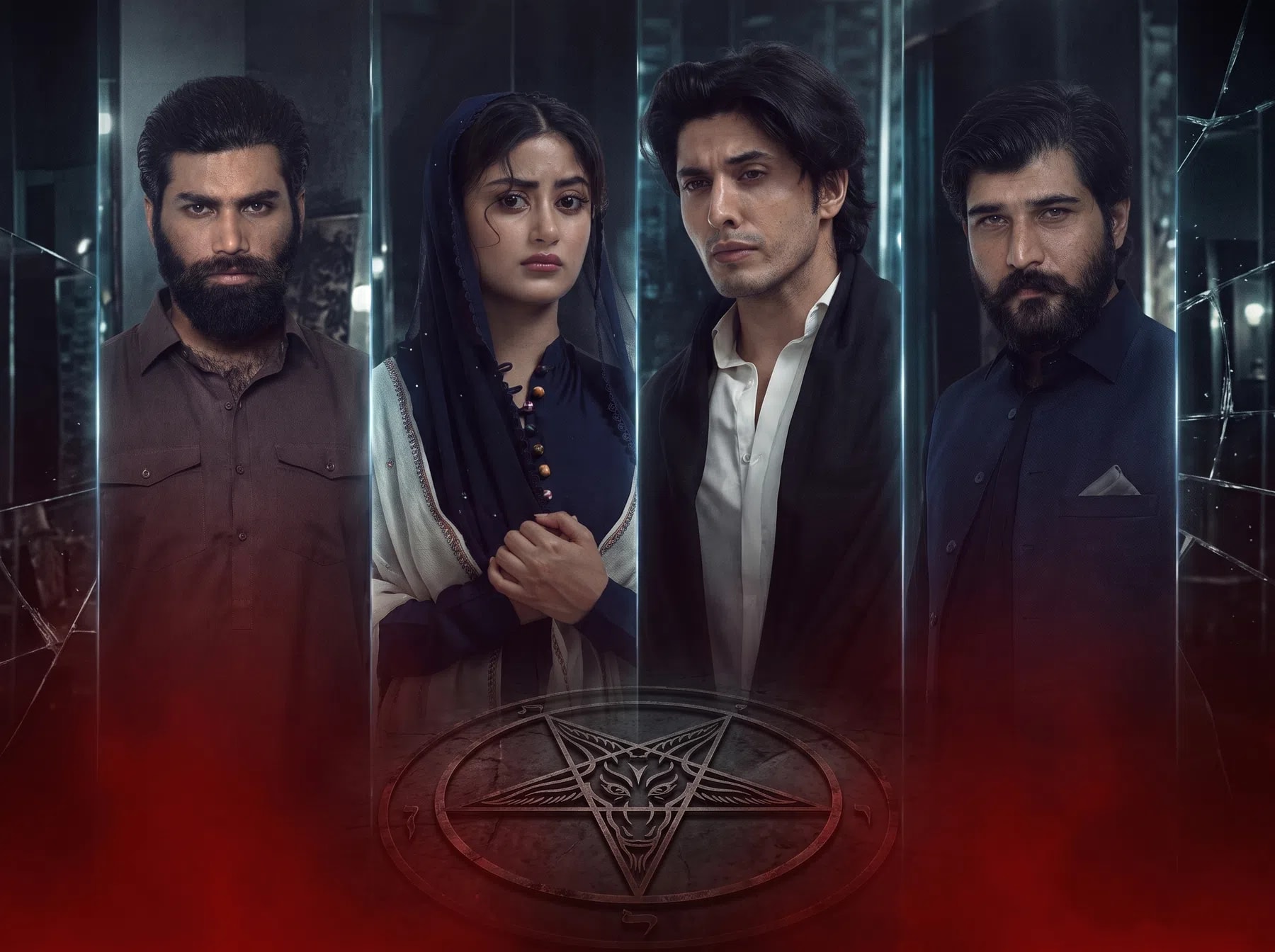 A promotional poster for a television drama or movie features four characters arranged side-by-side in vertical panels against a dark, moody background with subtle reflections and cracked glass patterns. On the far left, a man with a thick black beard and intense gaze wears a brown button-up shirt. Next to him, a woman with a somber expression is dressed in a dark blue outfit with a light-colored shawl over her head, her hands clasped together near her chest. To her right, a young man with styled dark hair, an open white shirt, and a black jacket looks anxiously into the distance. On the far right, another bearded man in a dark navy blue vest and collared shirt looks forward with a serious demeanor. The lower portion of the image is shrouded in a hazy red fog, featuring a prominent, circular metallic seal engraved with an inverted five-pointed star (pentagram) containing a stylized goat head, reminiscent of occult or Illuminati symbolism.